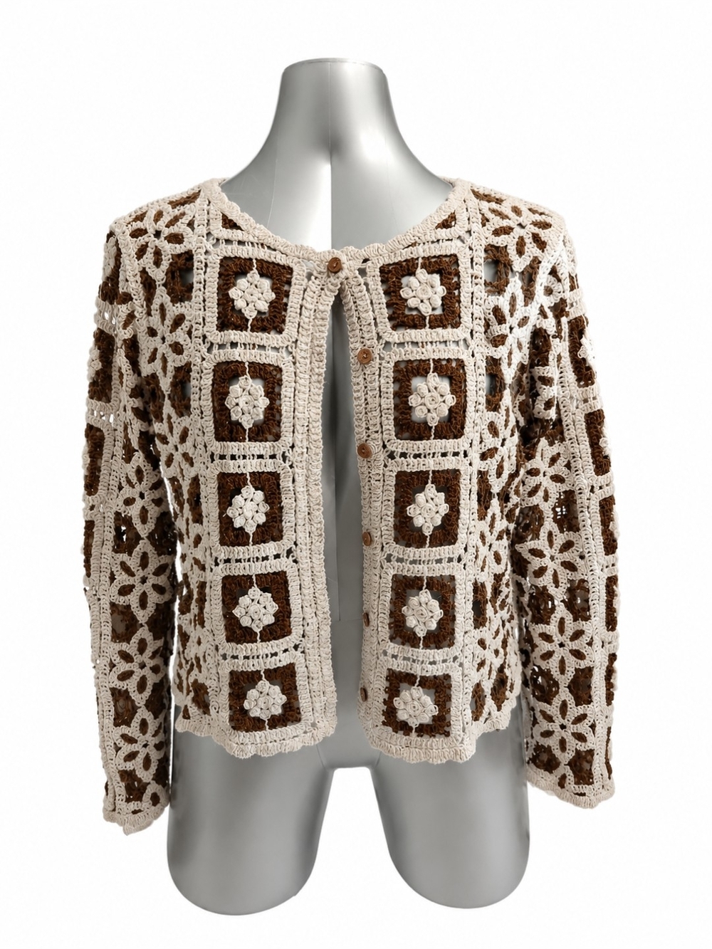 Ultra Pink Crochet Brown Granny Square Cardigan Sweater XL Button Front EUC - Picture 4 of 6